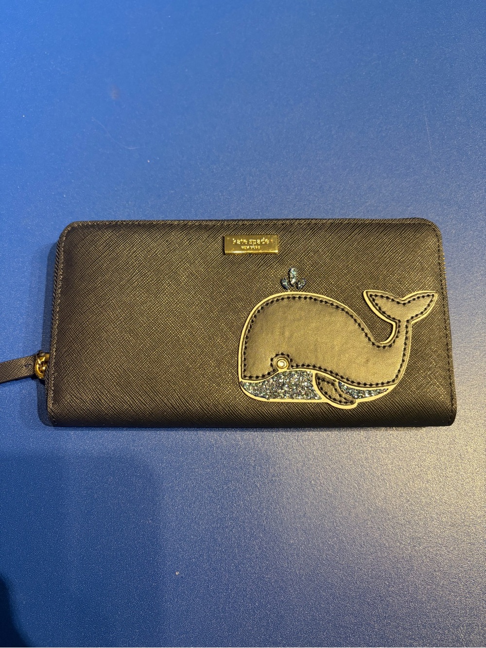 kate spade Black Zip Wallet with Whale Appliqué and Glitter Accent